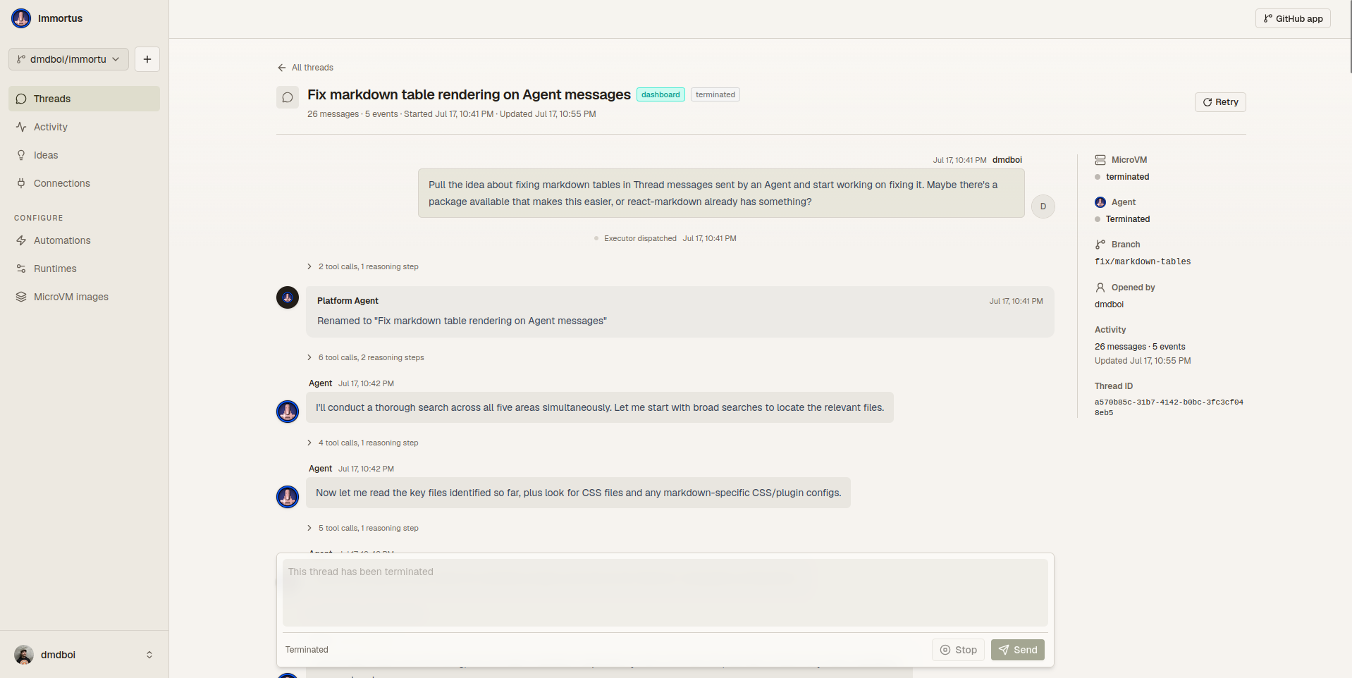 The Immortus dashboard showing a Thread, context sidebar and Active Subagents